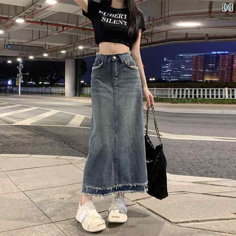 乐天商城 - 半身の レ トロな デニムの スカートの 女性の 夏の insの 風の デザイン 感の まっすぐな 筒は 肉の 小さい 衆の 腰の a 字を 遮って 尻の 中で 長い スカートを 包みます。
