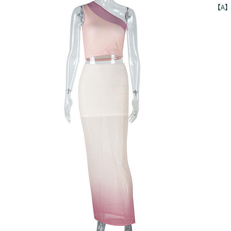 欧米 風 清新 ファッション 婦人 服の 臍を 露出 してお 尻を 包んで ガードルの グラデーション 色の スカートの スーツの 斜めの 襟の 小さい 透き通って いる ロング スカートの 2つの セットを 包みます。
