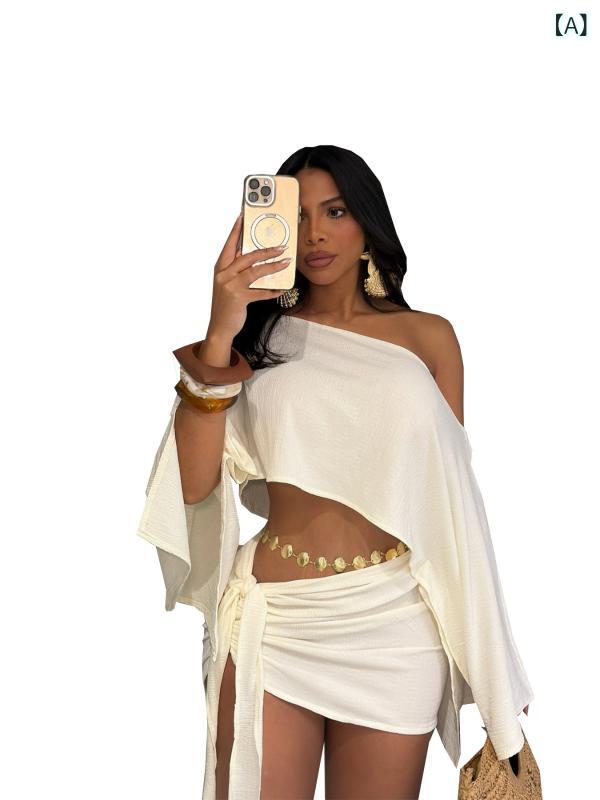 TW 740 ヨーロッパと アメリカの クロス ボーダー 女性の 夏の 海辺の 休暇 スタイル 通気 性の ある スラッシュ ネック オフ ショルダー トップストラップヒップカバーショートスカートスーツ