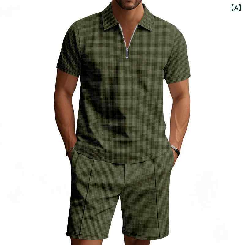 国境を 越えた アマゾン スーツ 半袖 パンツ 男性 夏 百 合 ワッフル 純 色 カジュアル ゆるい 襟 t シャツ スーツ