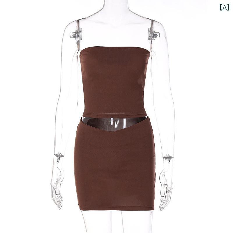 欧米 風の 婦人 服の 新型の 夏の ファッションの レジャーの 1 字は 胸を 拭いて 身を 修める 短い タイプの 半身の スカートの スーツの 現物を 修理 します。