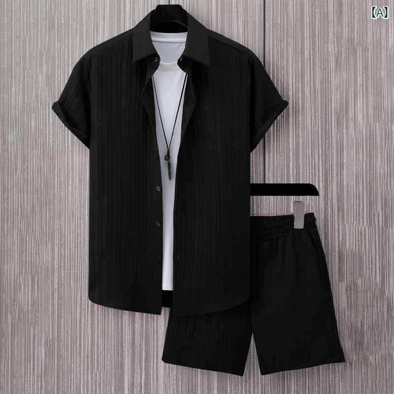 スタイリッシュな メンズブラックプリーツ 半袖 シャツ ショーツ セット - 夏 カジ ュアルストリートクロスボーダーカジュアルトレンド