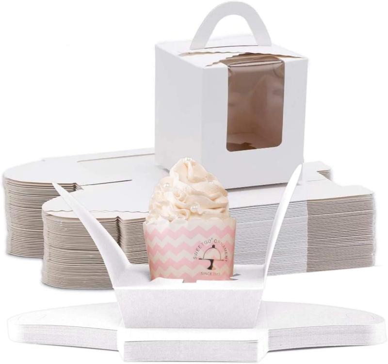 siawadekyシングルカップケーキボックス 50枚セット 透明窓付き ミニケーキボックス 手提ケーキカップ箱 結婚式 誕生日 パーティー クリスマス プレゼント 箱包装用品 お菓子 包装用品