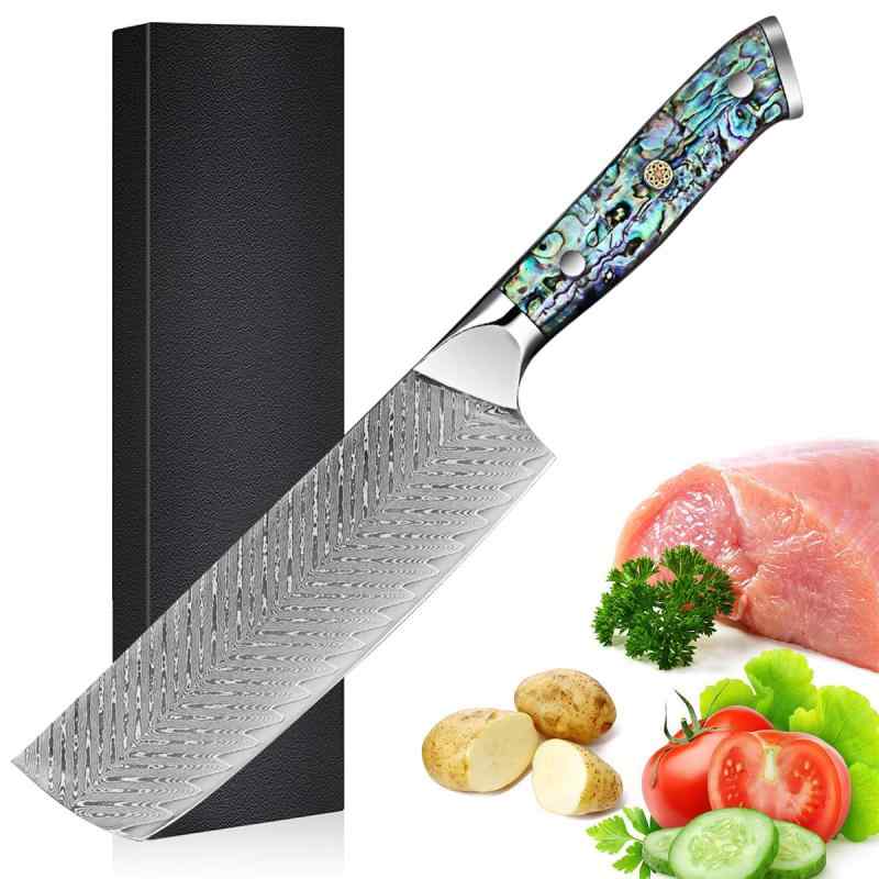 Utaki 両刃野菜包丁 67層流砂紋ダマスカス 【Undine・ウンディーネV】 ダマスカス菜切包丁 アワビ貝+樹脂のハンドル