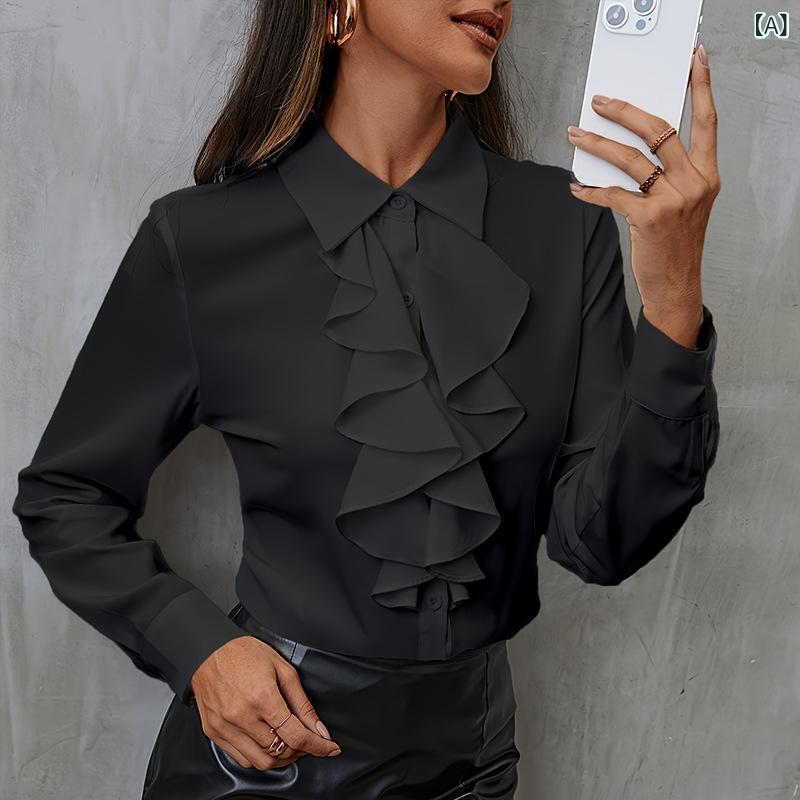 Rakuten - 新 商品の 欧米の ゆったり した シフォンの シャツの 女性の 白い シャツの 長袖の 新型の 職業 服の 洋風の ハスの 葉の 縁の 上着