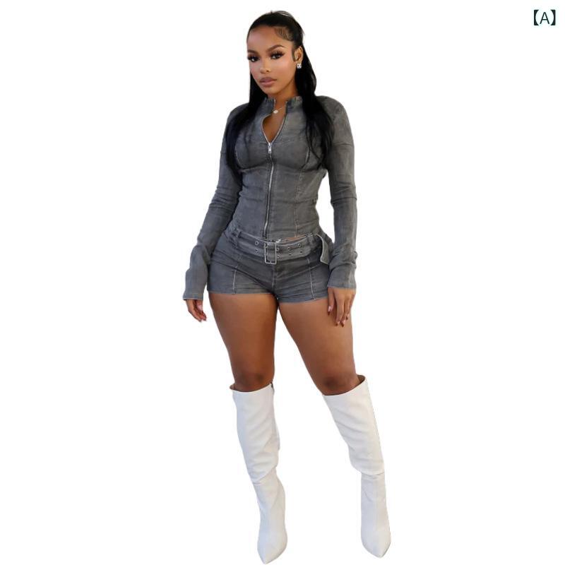 新型 デニムショートパンツセット MZ 88616 現物 欧米 クロス ボーダー 熱 売 長袖 弾力 ショートパンツベルトセット