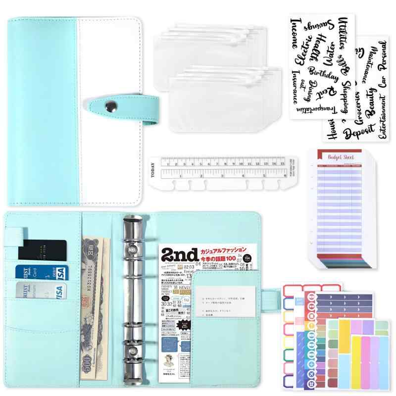 CAGIE バインダー 6穴 予算バインダー PUレザー ポケット8個付き ラベル付き便利セット 家計管理 お金管理 家計簿 書類・伝票・名刺・メモ紙入れ ルーズリーフバインダー システム手帳