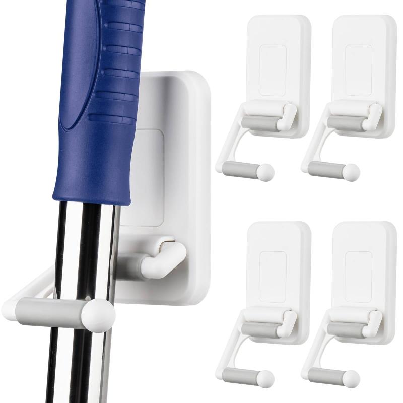 NiHome モップホルダー 4個セット モップクリップ 壁掛け ほうきホルダー 浴室 モップハンガー モップ ほうき 掃除道具 傘 キッチン 省スペース 180度回転式 両面テープ取付 工事不要 バスルー