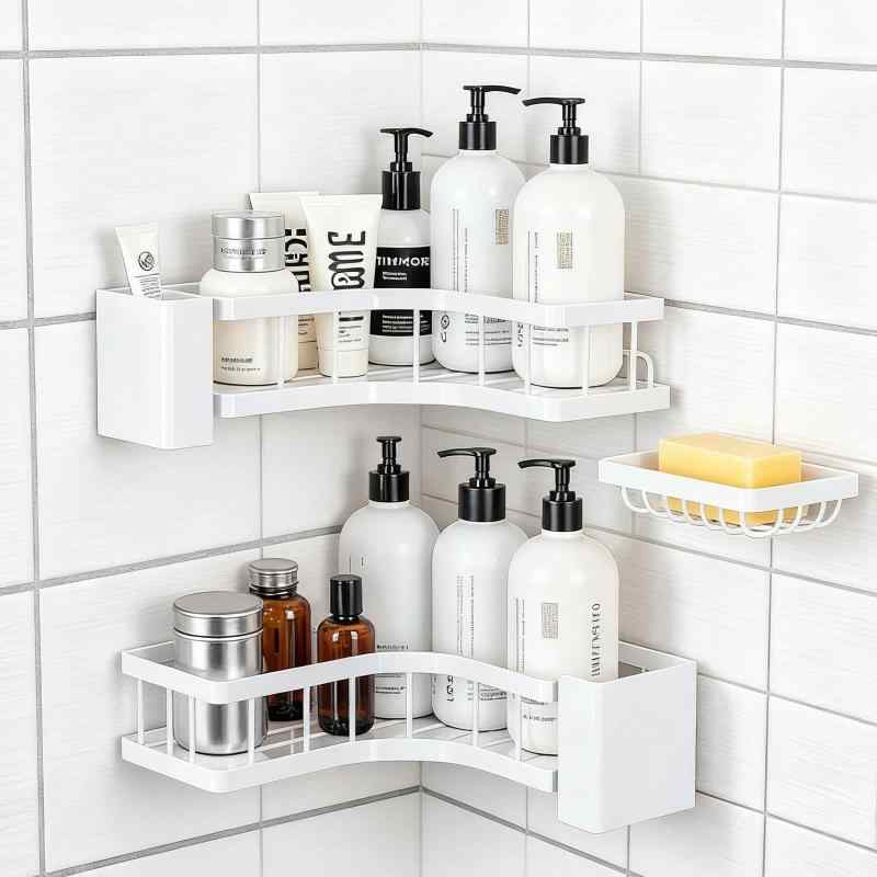 GearFun コーナー貼付け式シャワーラック シャワーラック収納ラック サビに強いステンレス製バスルーム収納ラック 穴あけ不要の壁掛け式 簡単にインストールできる 耐荷重15kg 二段式 ホワ