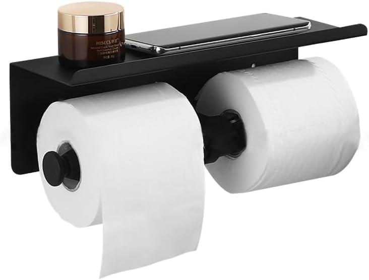 トイレットペーパーホルダー、ダブルトイレットペーパーホルダー携帯電話ホルダー、ステンレスペーパーホルダーホルダー、落下防止壁掛け式ダブルトイレットペーパーホルダーマットブ
