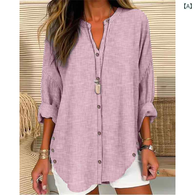 2023 アマゾン 女装 秋冬 新作 越境 欧米 カジュアルファッションボタンストライプ 長袖 純 色 シャツ