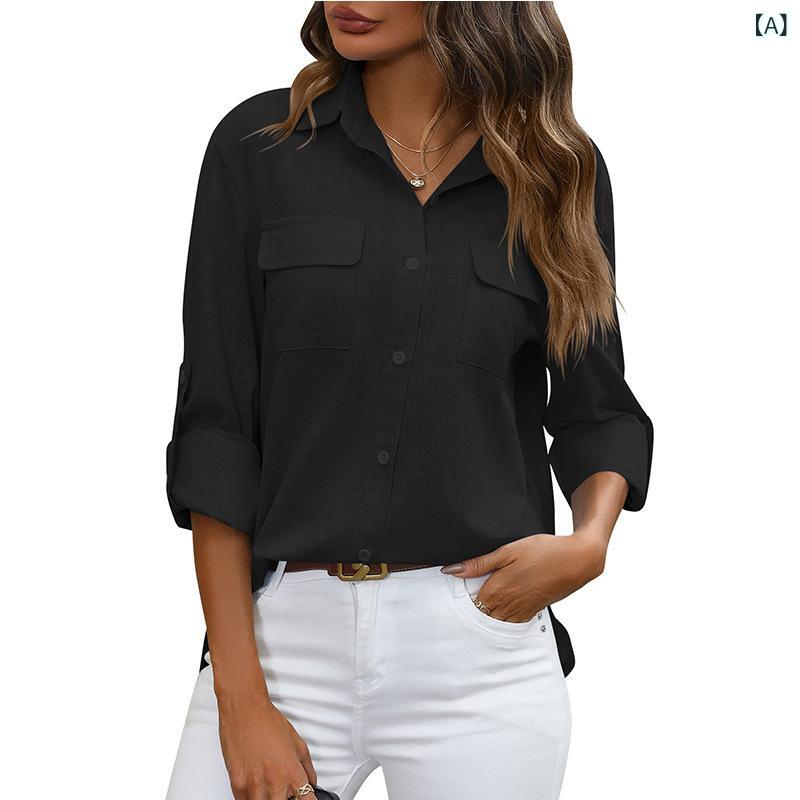 2024 アマゾン 女装 春 夏 新型 国境を 越えた 欧米 女性の ボタン シャツの ゆるい シャツの純 色 カジュアル