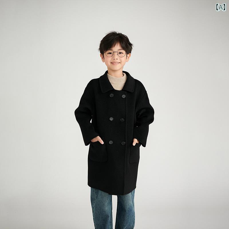 2024 秋冬 新作 代 発 100純 ウール 両面 ラシャ コート 襟 付き ボタン 男女 子供 服 コート