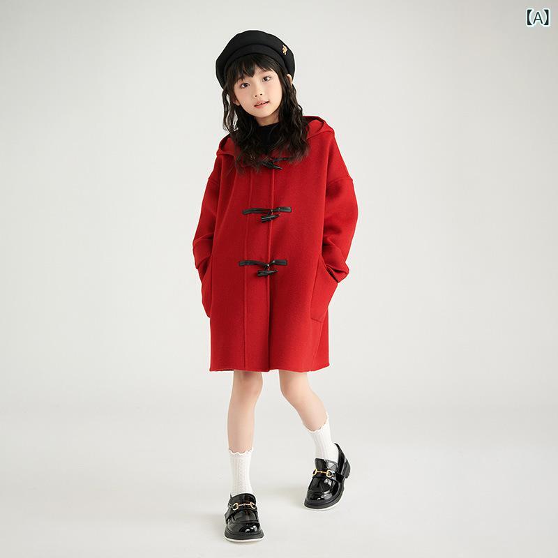 100純 ウール 両面 ラシャ コート 流行 洋 気 女 宝 児童 長 型 フード 付き 牛 角 ボタン デザイン 感 コート