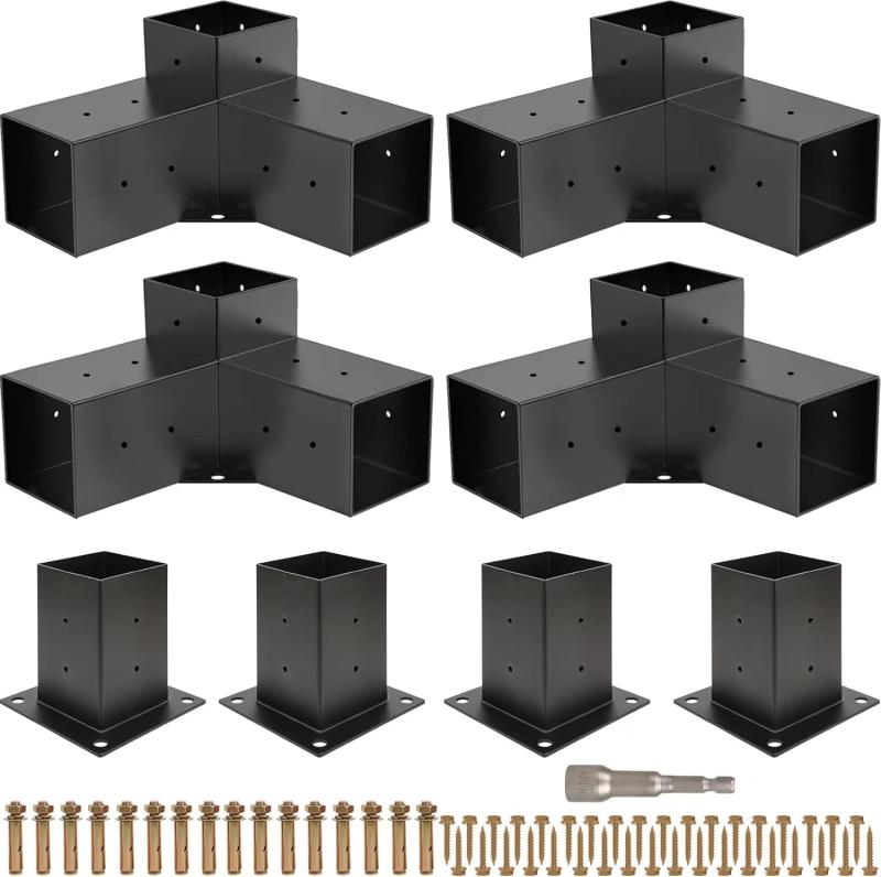 Dudodeパーゴラキット ブラケット付き3ウェイ直角コーナーブラケット 木工DIYポストベースキット ガゼボ/パティオパーゴラ/ログキャビン用木製ビーム 屋外パーゴ金具 4x4の木材用