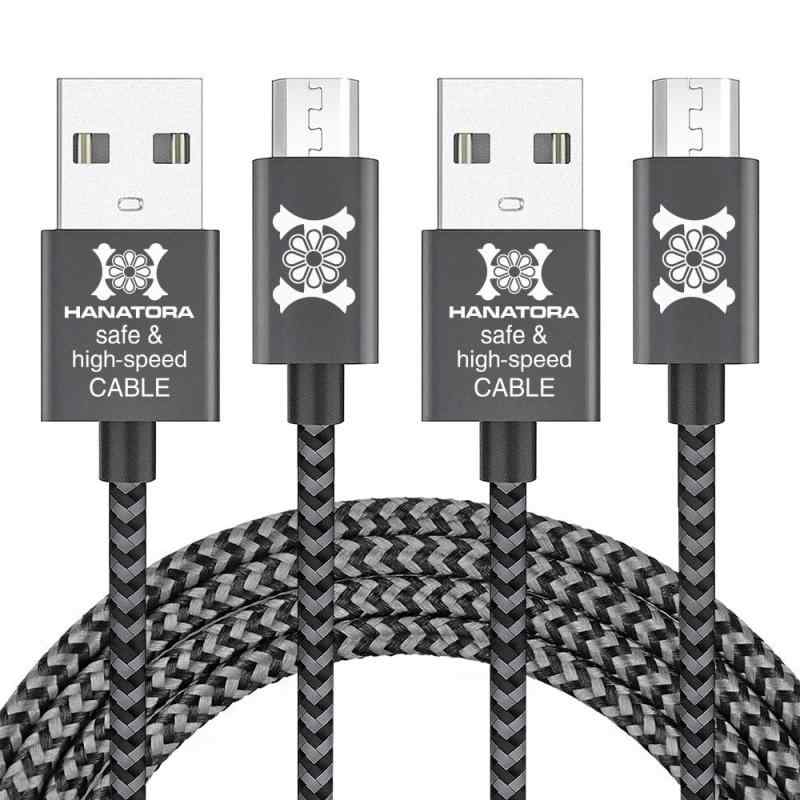【HANATORA】Micro USBケーブル 急速充電 データ転送 高耐久 ナイロン編み 1.2m2本セット 2M ブラック レッド グレー
