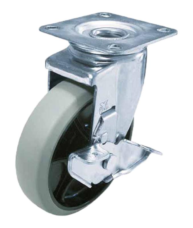 ユーエイキャスター：J2シリーズ J2-S型 自在キャスター ストッパー付 ウレタン(ナイロンホイル,B入)車..