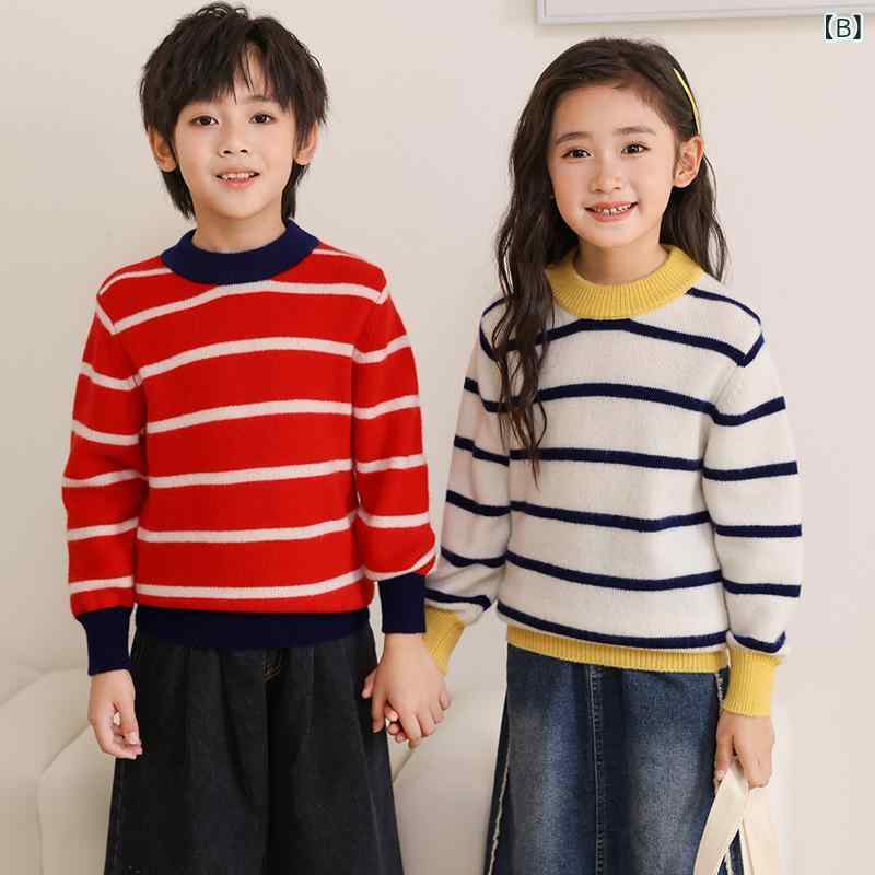 双 股は 100純 ウールの 子供を 厚く して、 秋冬の 新しい 色の 縞の 長袖の セー...