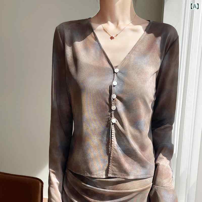 春 夏 新作 レディース v 字 襟 ニットカーディガンネット 糸 つなぎ フリル プリント 薄手 長袖 日焼け 止め ブラウス