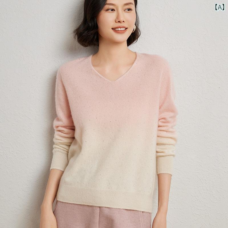 秋冬の 新型の つり 染めの ドリルの 山の カシミヤの シャツの v 字の 襟の 女性の プルオーバーの セーターの グラデーション 色の 長袖の 底の シャツの ファッション