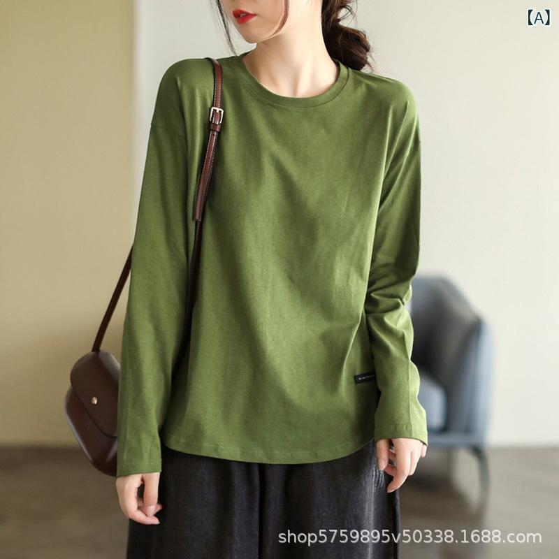 レ トロ 文学 ソリッドカラー 初秋 ボトリングシャツ 女性の ための 2025 新しい ラウンド ネック多 用途 長袖 Tシャツ 女性の トップ