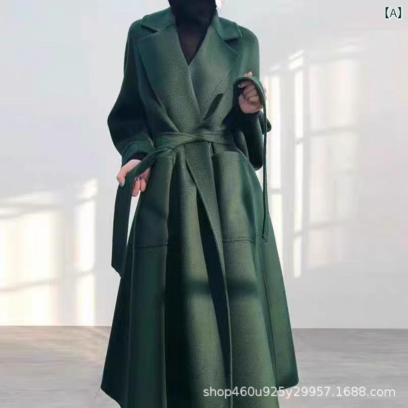 乐天商城 - ウォーターリップル 両面 カシミヤ コート 女性の ロングヘップバーンスタイルレースアップウールコート 気質 ラペル