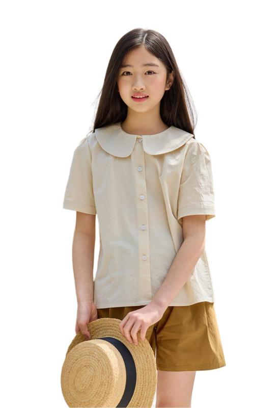 乐天商城 - [EnDast] MINIROI 丸襟 半袖 ブラウス 女の子 小学生 制服風 ショート丈 風通し良い 春夏 涼しい おしゃれ かわいい 韓国子供服 110cm 120cm 130cm 140cm 150cm