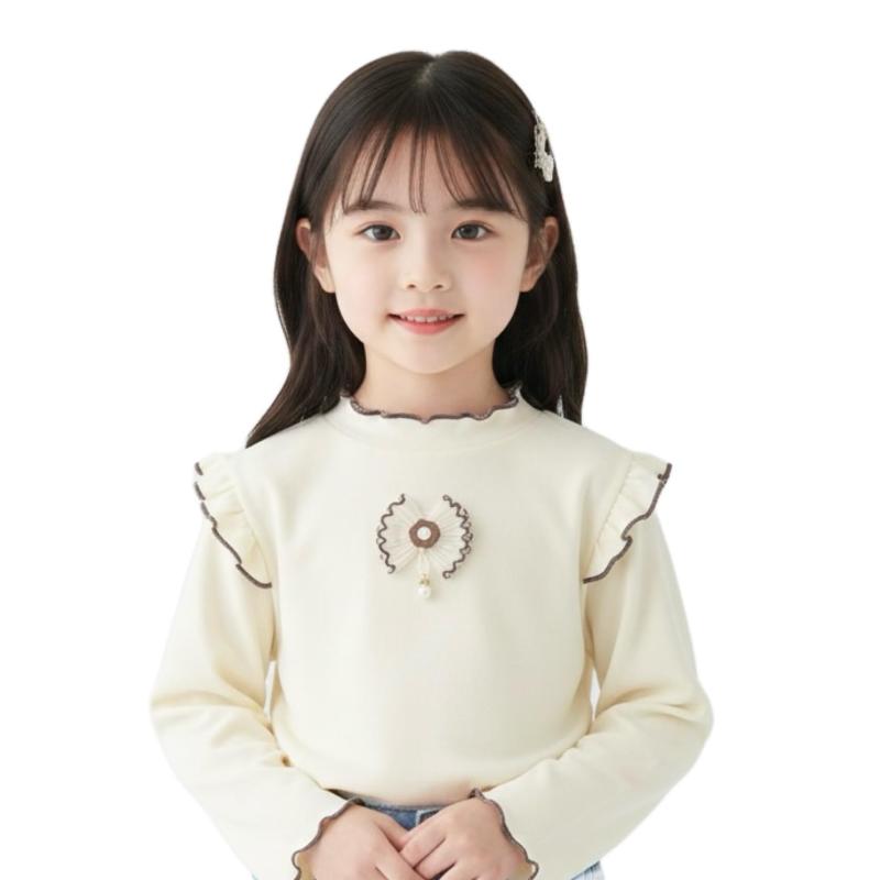 [ロコンの手作り工房] ベビー服 女の子 長袖 トップス 裏起毛 ハート 花柄 リブニット フリル プルオーバー 秋冬 防寒