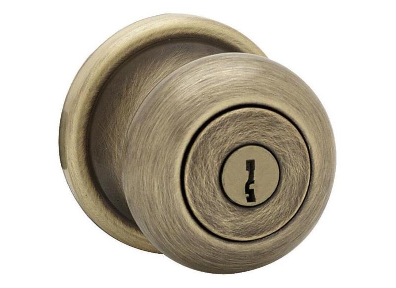 Kwikset Juno Entry Knob featuring SmartKey in Antique Brass by Kwikset