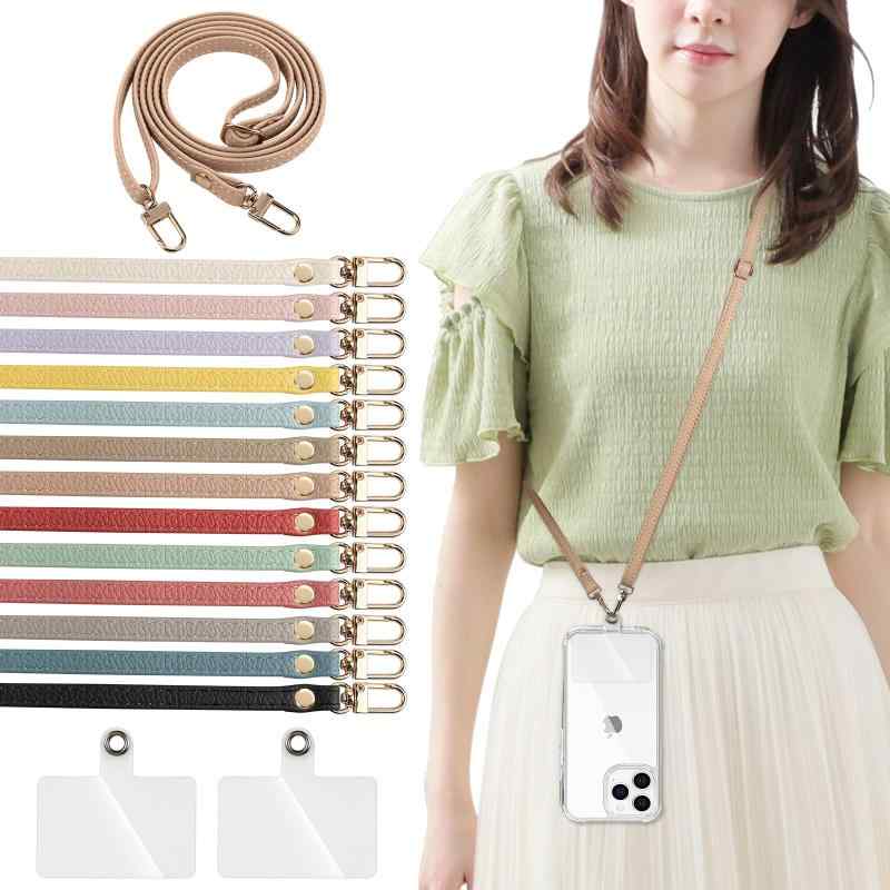 Yeepan スマホ ストラップ ショルダー スマホ ショルダーストラップ 首掛け 約70cm～約135cm 長さ調節可能 ストラップ 1本+透明タグパッチ2枚入り iphone ストラップ 首掛け ストラップ 携帯 革 ス