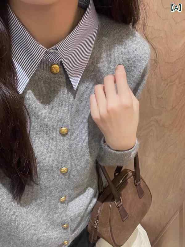 灰色の シャツの 襟は 偽の 2つの セーターの 女性の 春秋の 小さい 背の 修身の 中で ニットの カーディガンの 襟の 上着を 掛けます。
