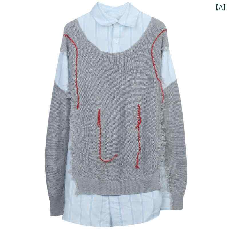 秋の 婦人 服の ニット プルオーバー 2023 新作の シャツの セーターの 偽の 2つの セットは デザインの 中の 長い 上着を つなぎ 合わせます。