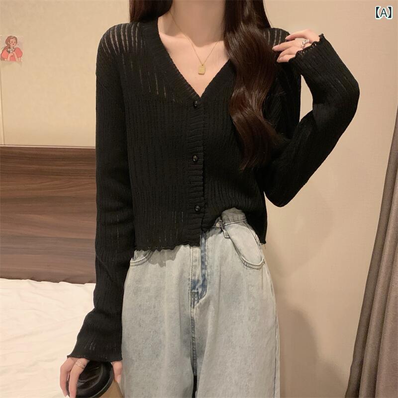 乐天商城 - 女性の 夏の 薄い アイスシルクニット 日焼け 止め シャツショートギャルトップス 甘い V ネック 中空 ニット カーディガン