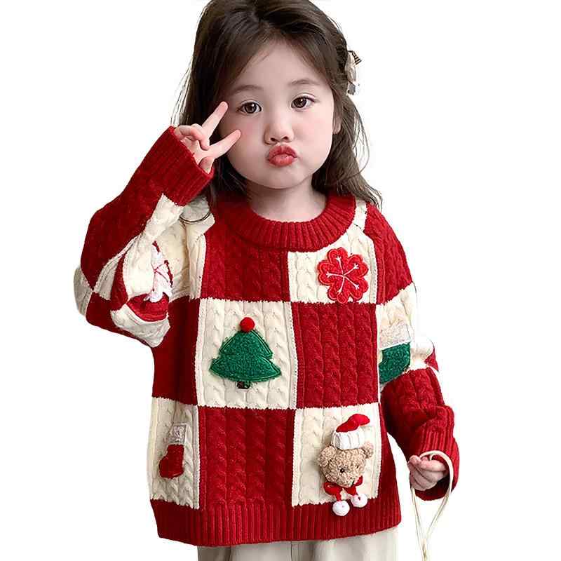 樂天商城 - [OUBINEWER] クリスマスニットセーター プルオーバー ガールズ 女の子 キッズ 子供服 秋冬着 かわいい チェック柄 くま 丸首 長袖 暖かい 普段着 通園 通学 お出かけ お正月 新年祭 プレゼント 9