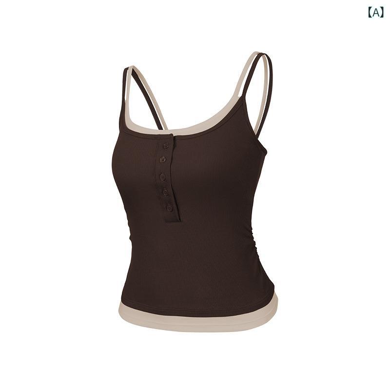 コントラスト カラーの フェイクツーピーススポーツサスペンダーリブパッド 入り リヨセルベストは ワンピースニットノースリーブトップの 外でも 着用 できます
