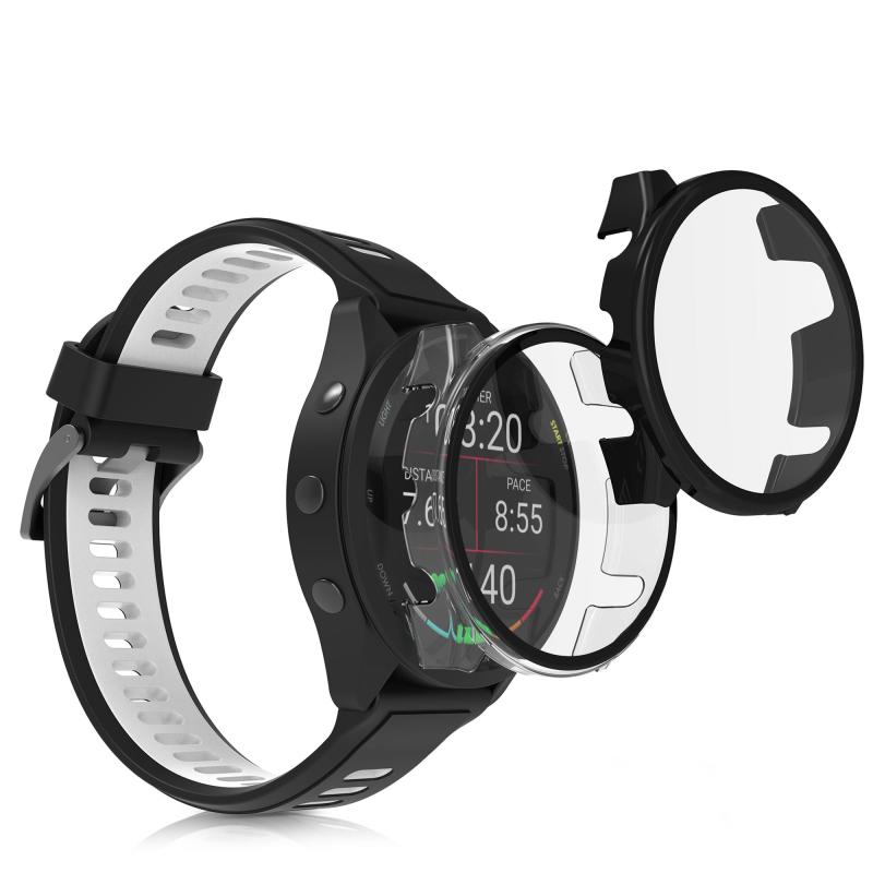 kwmobile 2x ケース Garmin 18mm Forerunner 265S対応 カバー - フルボディ ガラス 耐衝撃 超薄型 黒色/透明