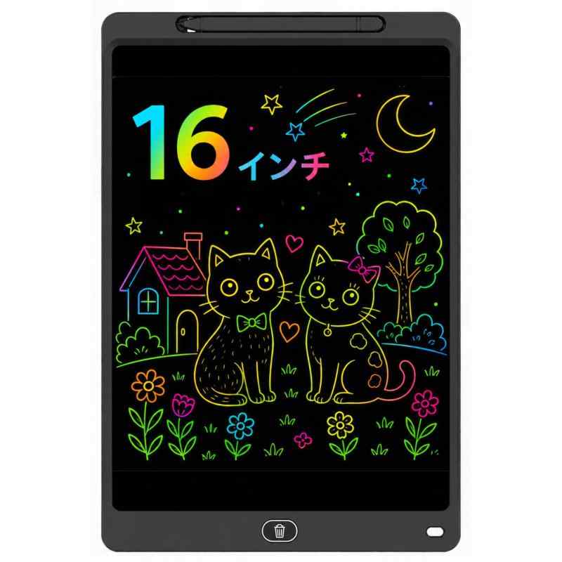 [ゼンシェル] 電子メモパッド 16インチ 電子ノート 大画面 お絵描きボード 電子メモ帳 子供 大人 書いて消せるボード 筆圧感知 ワンタッチ消去 ロック機能 電池交換式 グラデーション【16インチ大画面の電子メモパッド】広々使える16インチサイズの電子メモパッドです。お絵描きボード、電子メモ帳、伝言板、学習用メモとして、子供から大人まで幅広く使えます。【目にやさしいブルーライトフリー】発光しないLCD画面を採用しているため、スマホやタブレットのようなブルーライトが気になる方にも使いやすい仕様です。子供のお絵かき、計算練習、ひらがな練習にもおすすめです。【筆圧感知でなめらかな書き心地】付属ペンで書くだけで、紙に近い感覚でスムーズに描けます。筆圧によって線の太さが変わり、文字・イラスト・図形などを自由に表現できます。【ワンタッチ消去＆ロック機能】ボタンを押すだけで画面を一括消去できます。裏面のロック機能を使えば、誤って消してしまうのを防げるため、メモや子供の作品を残しておきたい時にも便利です。【電池交換式・軽量設計】CR2025電池交換式で長く使えます。サイズは約345mm×232mm×6mm、重量は約376g。家庭用、学習用、筆談ボード、オフィスの簡易メモとしても活躍します。