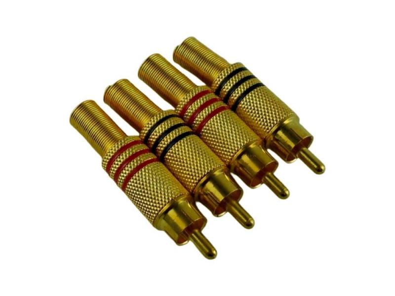 RCAプラグ RCAコネクタ ピンプラグ ハンダ式 自作用 24K 金メッキ D ゴールド 4本セットハンダで配線を固定するタイプです。サイズ：全長約3.6cm×全幅1.1cmサイズ：全長約5cm×全幅1.1cm（スプリング装着）重量：約8g　内径：9mm(スプリング内径7mm)カラー：レッド＆ブラック各2本　パッケージ：クリスタルパック（簡易包装）