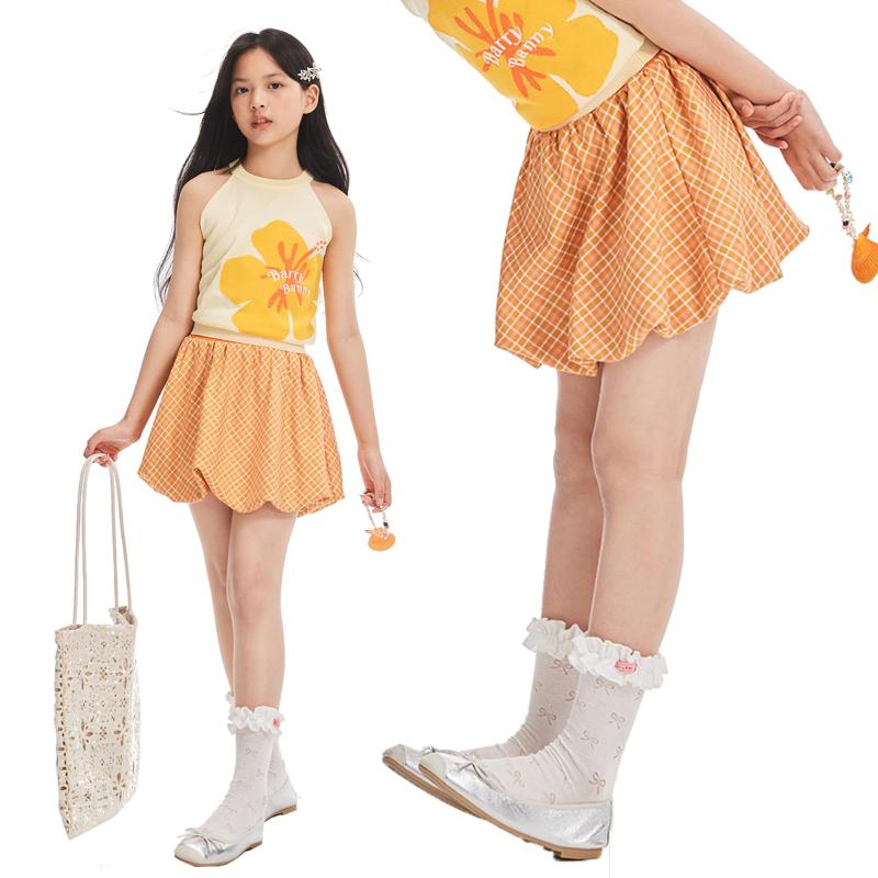 女の子 スカート バブルスカート ハイウエスト チェックス柄 インナー裏地付き 通気性 夏用アウトドア 子供服 ガールズ 120-165CM