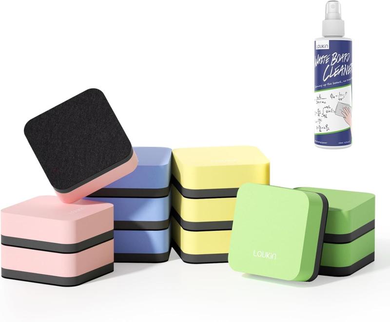 LOUKIN ホワイトボードイレーザー EVA製 マグネット付き セット 5x5x2cm ホワイトボードクリーナー付き 4色