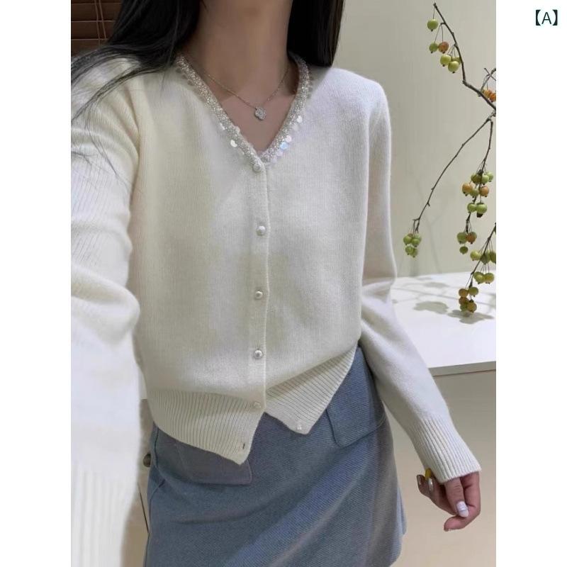 春と 秋の 新作 レディース 100 ウール カーディガン v 字 襟 パールバックルスパンコールデザイン 感 ニットショートコートファッション