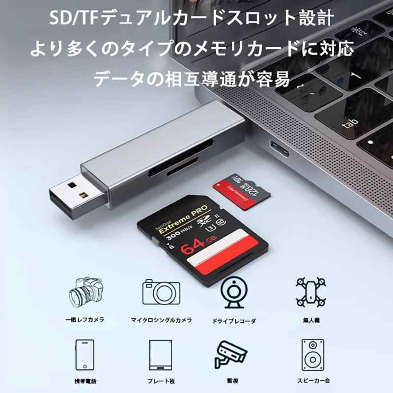 2in1 カードリーダー Type-C/USB 2.0 メモリカードリーダー 多機能 480Mb/s高速転送 OTG対応 小型 軽量 AndroidスマートフォンタブレットMacBook Windows PCなど対応（グレー）