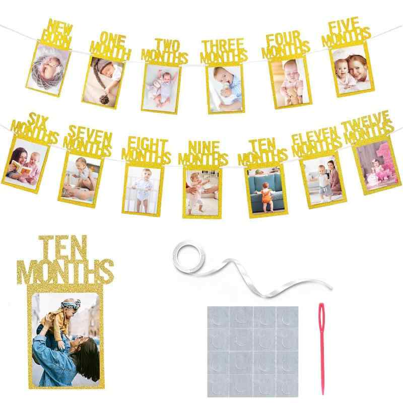 誕生日 写真 ガーランド フォトフレーム 飾り付け 1歳 12ヶ月 バースディ パーティー お祝い 装飾 壁掛け 写真フレーム 写真立て 記念日 赤ちゃん 結婚 ひも付き (ゴールド)