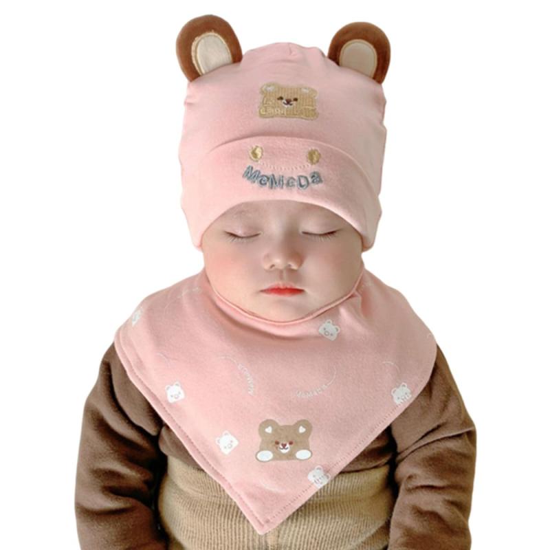  新生児 帽子 赤ちゃん スタイ 2枚セット 柔らかい 幼児用ビーニー帽子 くま耳付き かわいい 男の子 女の子 ベビー ハット 三角巾 よだれかけ 出産準備 出産祝い 通年使用 0-12ヶ月