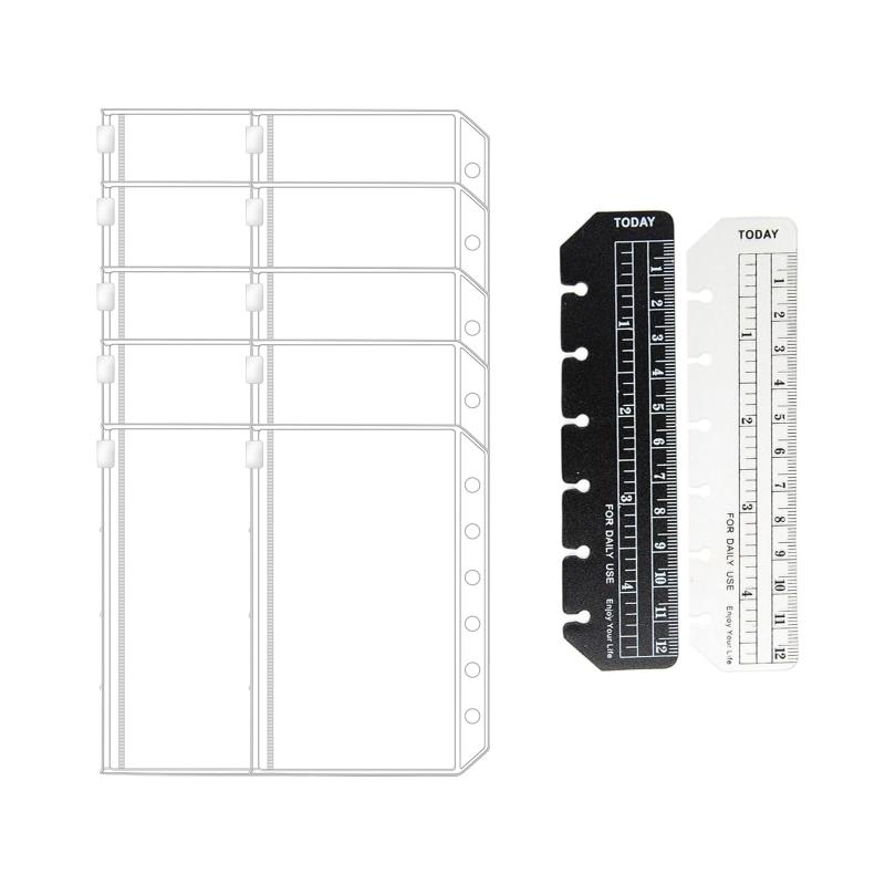 樂天商城 - システム手帳 リフィル 6穴バインダー PVC ポケットセット, ファスナーポケット, クリアポケット10枚, 定規2枚付き, 多機能収納整理