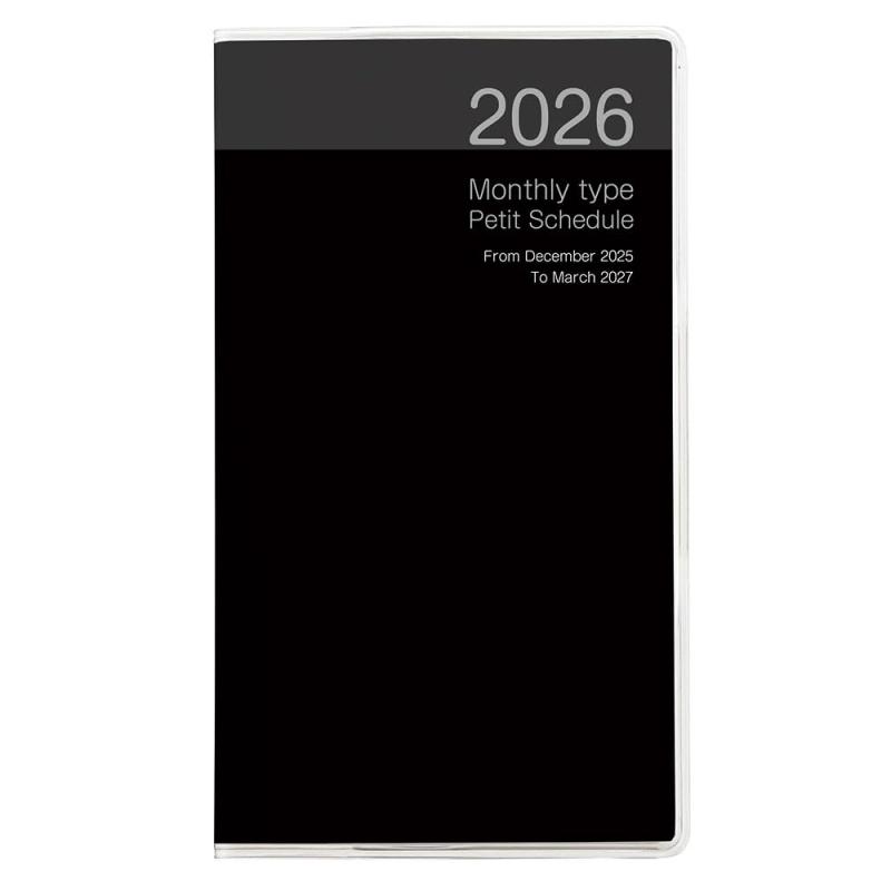 ナカバヤシ 手帳 2026 プチスケジュール マンスリー ブラック PSV-002-26D表紙素材：透明PVCシート製本・仕様：アジロ綴じ製本・差し込み式本体サイズ：ヨコ85×タテ152×厚み5mm本体重量：55g本文：上質紙・64ページ