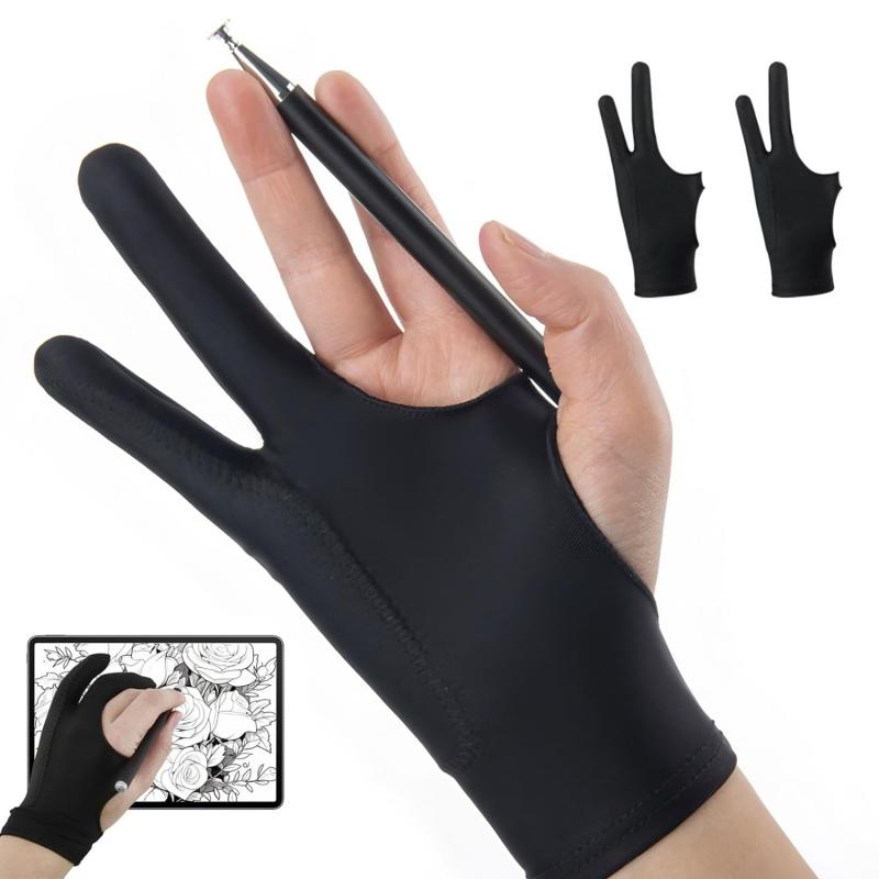 製図用手袋 二本指 絵描き 2枚入 ブラック 3層構造 防汚強化 ペンタブレット用 滑り止め 吸汗速乾 左利き右利き対応 絵画 製図作業 初心者～プロ仕様