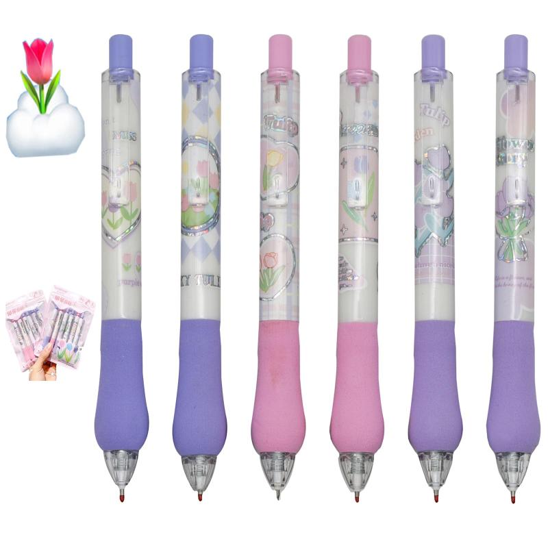Lopenle 12本 ボールペン ノック式中性ペン 0.5mm 黒いインク チューリップ絵柄 おもしろい おもちゃ 速乾 雑貨 グッズ 子供用 入学お祝い 姿矯正 プレゼント ギフト 書きやすい 書き心地
