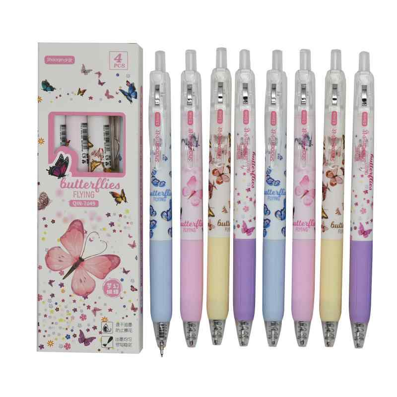 Lopenle ボールペン 12本 0.5mm ノック式中性ボールペン 黒いインク 速乾 花と蝶の絵柄のボールぺん パッキングノートペン グッズ 子供用 入学お祝い プラスチック プレゼント ギフト 書きやす