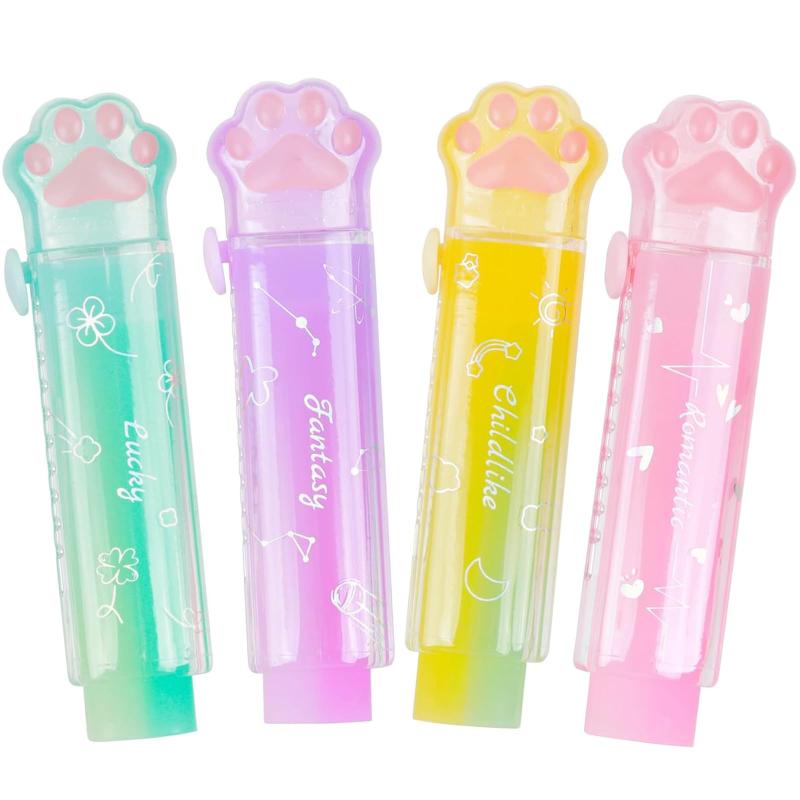 消しゴム 小学生 4色セット 可愛い 猫の肉球形 スティック消しゴム 伸縮可能 グラデーション よく消える 文房具 学校/オフィス用品【材質】合成ゴム　ケース：プラスチック【仕様】サイズ：95mm×25mm、セット内容：4個入り（各色1個）【かわいい猫の肉球形デザイン】猫の肉球デザインの可愛らしいケースに入ったスティック消しゴムで、よりキュートで繊細に見えます。【簡単に使用】プッシュプルデザインの消しゴムは使用と保管を自由に切り替え可能です。側のロックを軽く押すだけで使用・収納でき、落下による汚れもなく、非常に便利です。【用途】学習、絵画、描画、スケッチ、製図、その他のシーンで使用でき、オフィス、学校、家庭などで幅広く使われています。新学期用のちょっとしたプレゼントやミニギフトとしてもおススメです。
